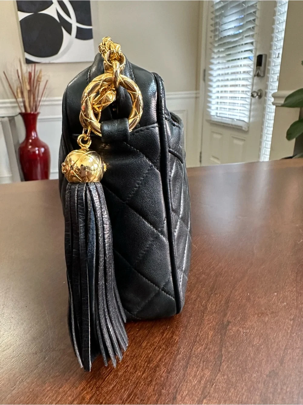 CHANEL Black Quilted Lambskin Shoulder Camera Bag with Gold Chain